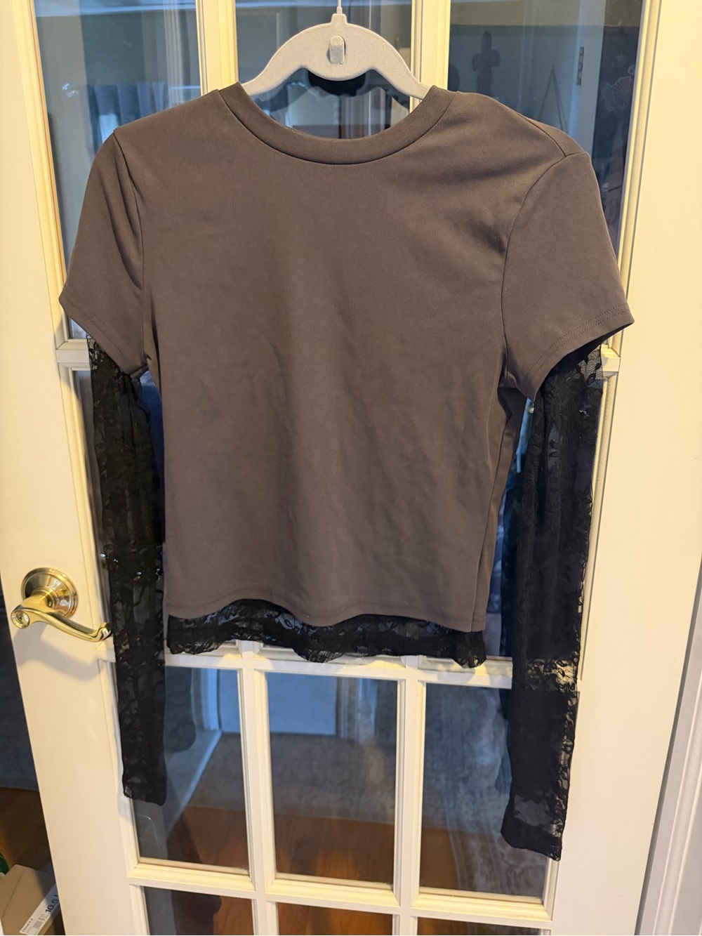 PacSun Short Sleeve Tee with Black Lace Long Sleeves - Gray